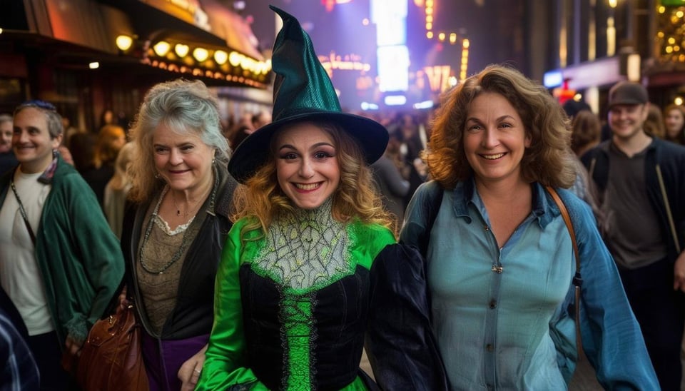 happy guests walking into the Broadway Show Wicked